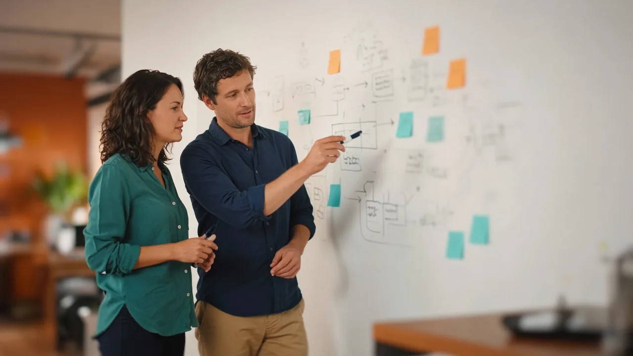 Two operations leads planning at a whiteboard