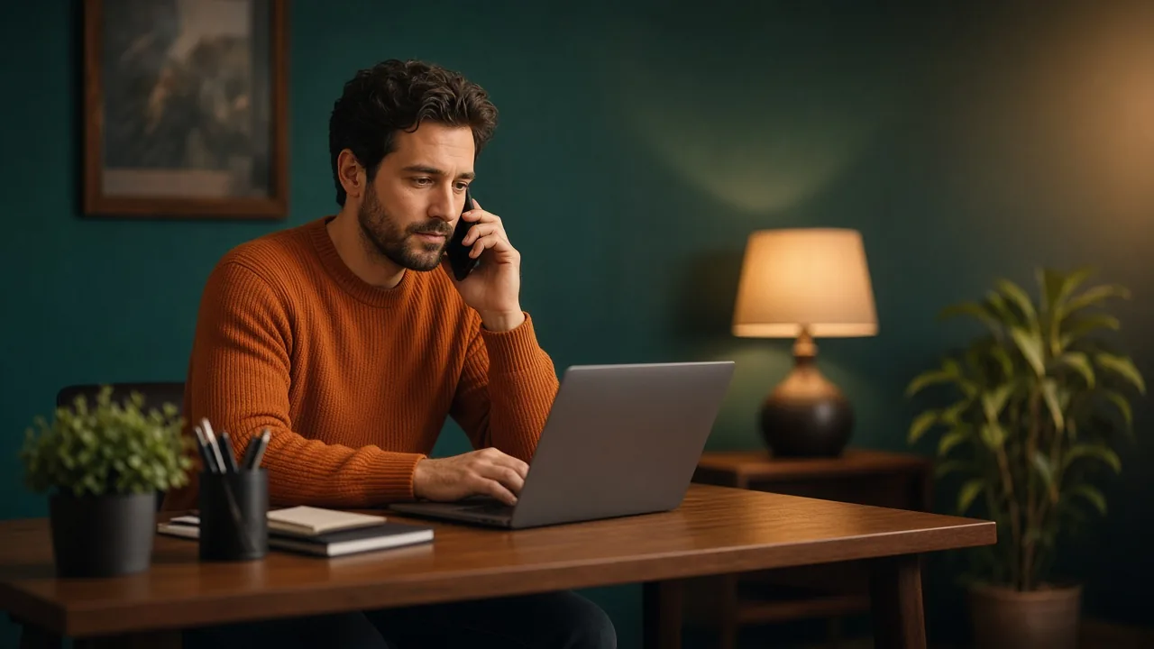 Sales lead on a call at his laptop