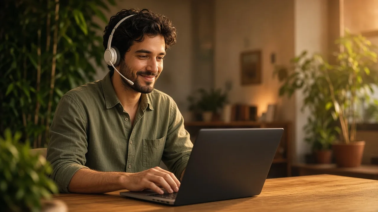 Support agent with a headset at his desk